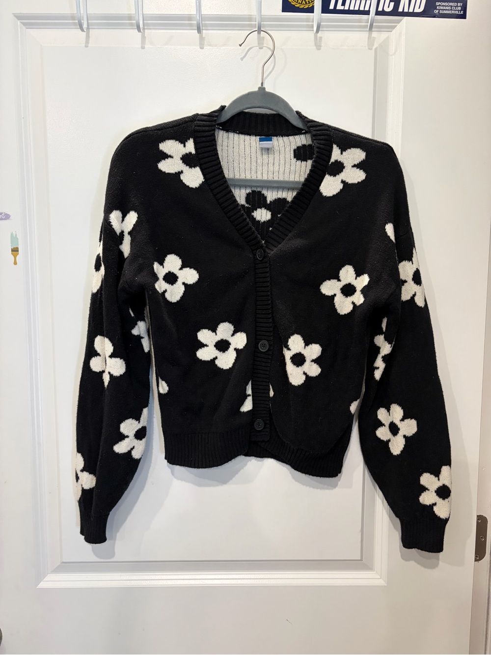 Old Navy Black Cardigan with White Floral Pattern